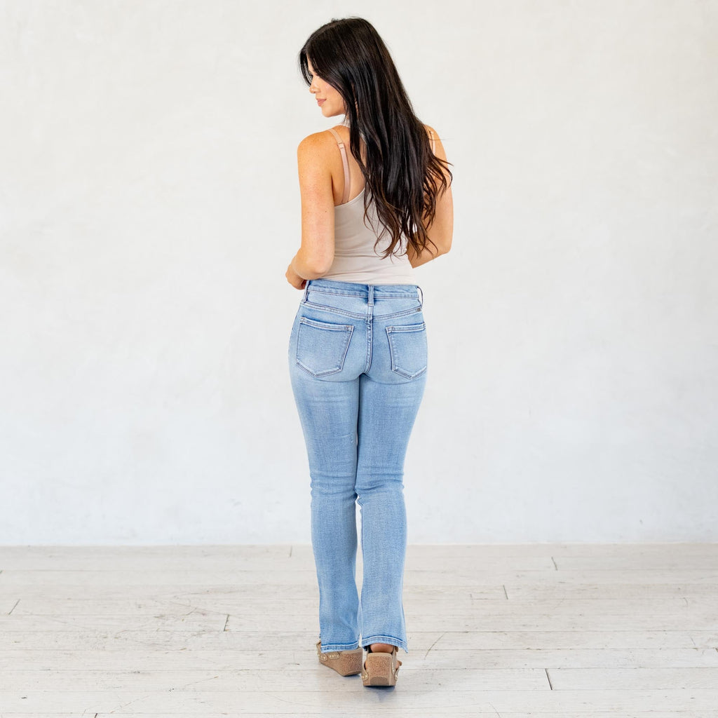 KanCan Petite Camila Y2K Mid Rise Boot Cut Jeans Medium Blue Wash