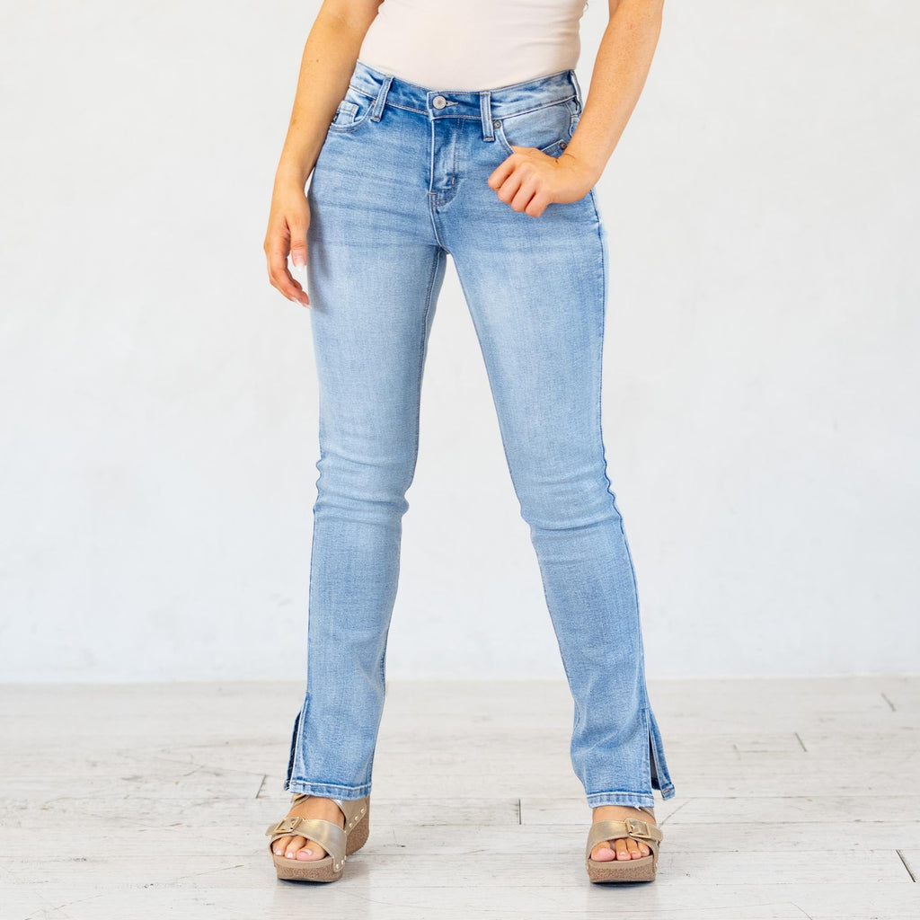 KanCan Petite Camila Y2K Mid Rise Boot Cut Jeans Medium Blue Wash