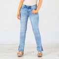 KanCan Petite Camila Y2K Mid Rise Boot Cut Jeans Medium Blue Wash