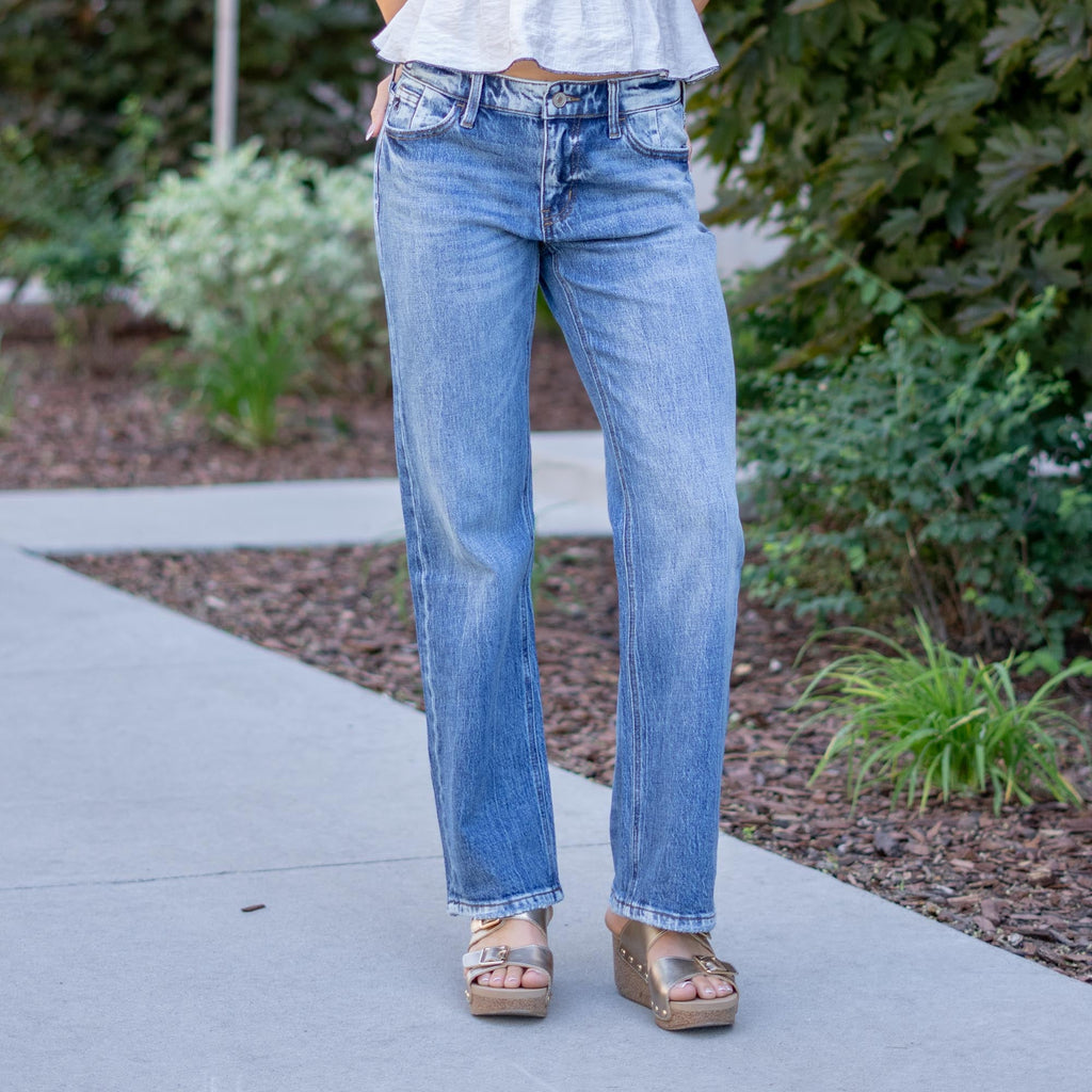 KanCan Low Rise Baggy Straight Jeans in Medium Dark Wash