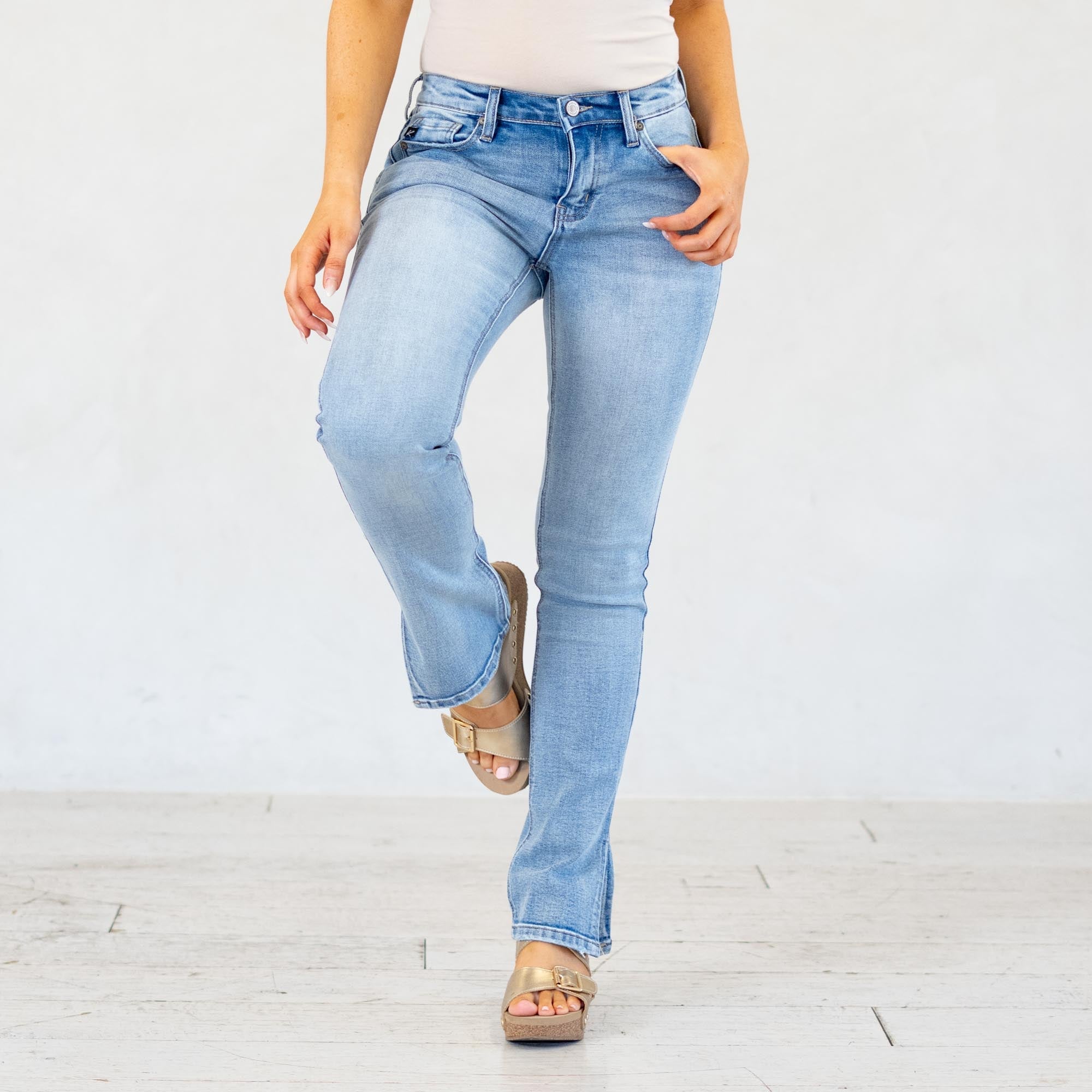 KanCan Petite Camila Y2K Mid Rise Boot Cut Jeans Medium Blue Wash