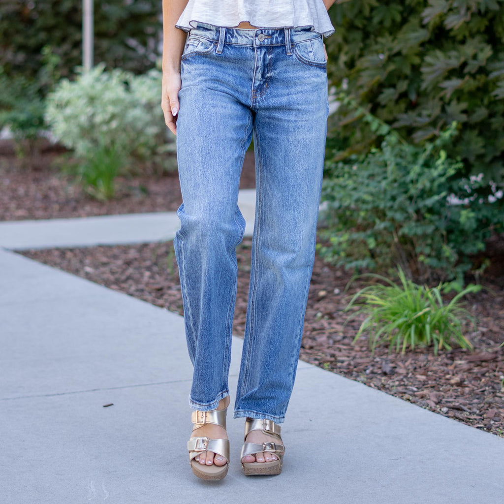 KanCan Low Rise Baggy Straight Jeans in Medium Dark Wash