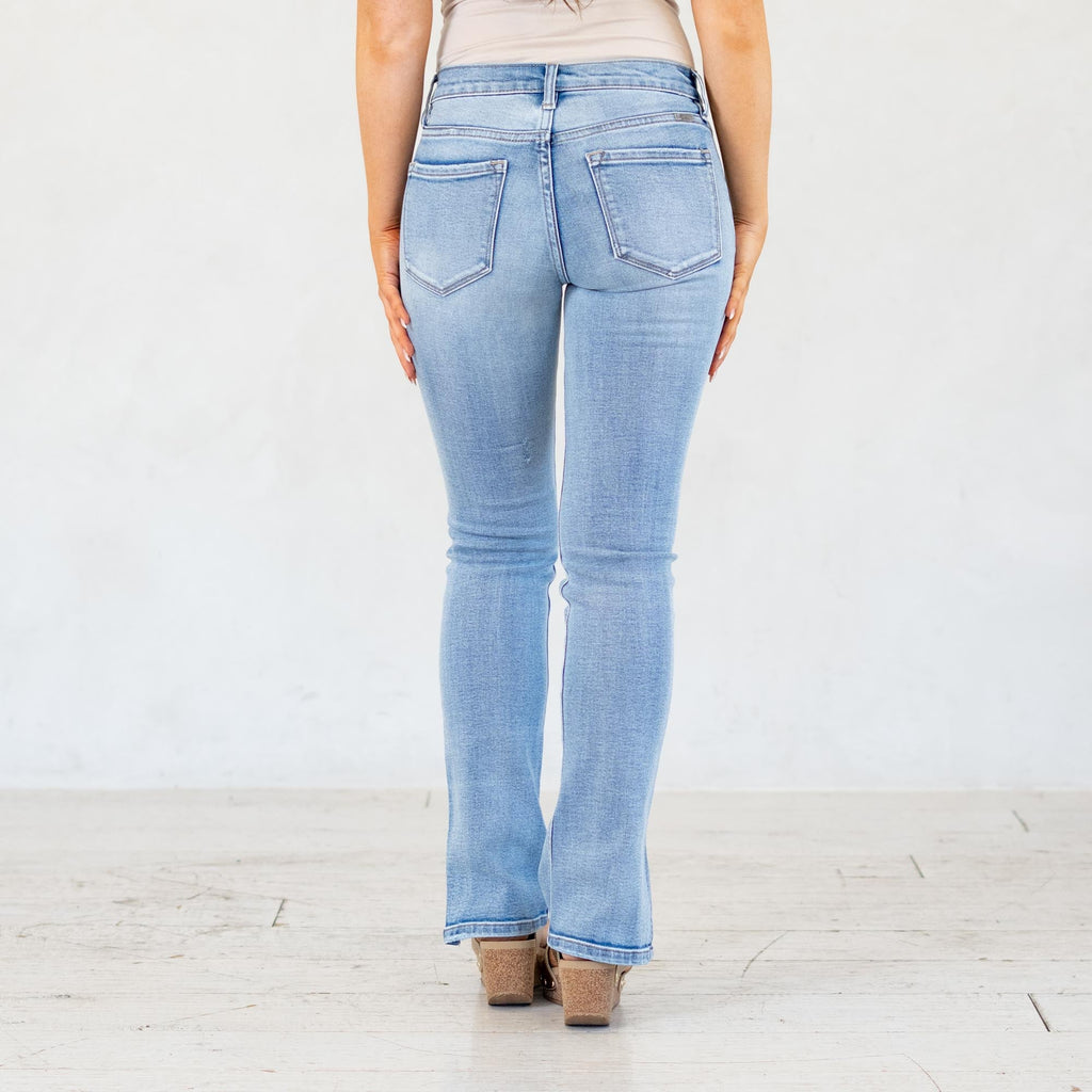 KanCan Petite Camila Y2K Mid Rise Boot Cut Jeans Medium Blue Wash