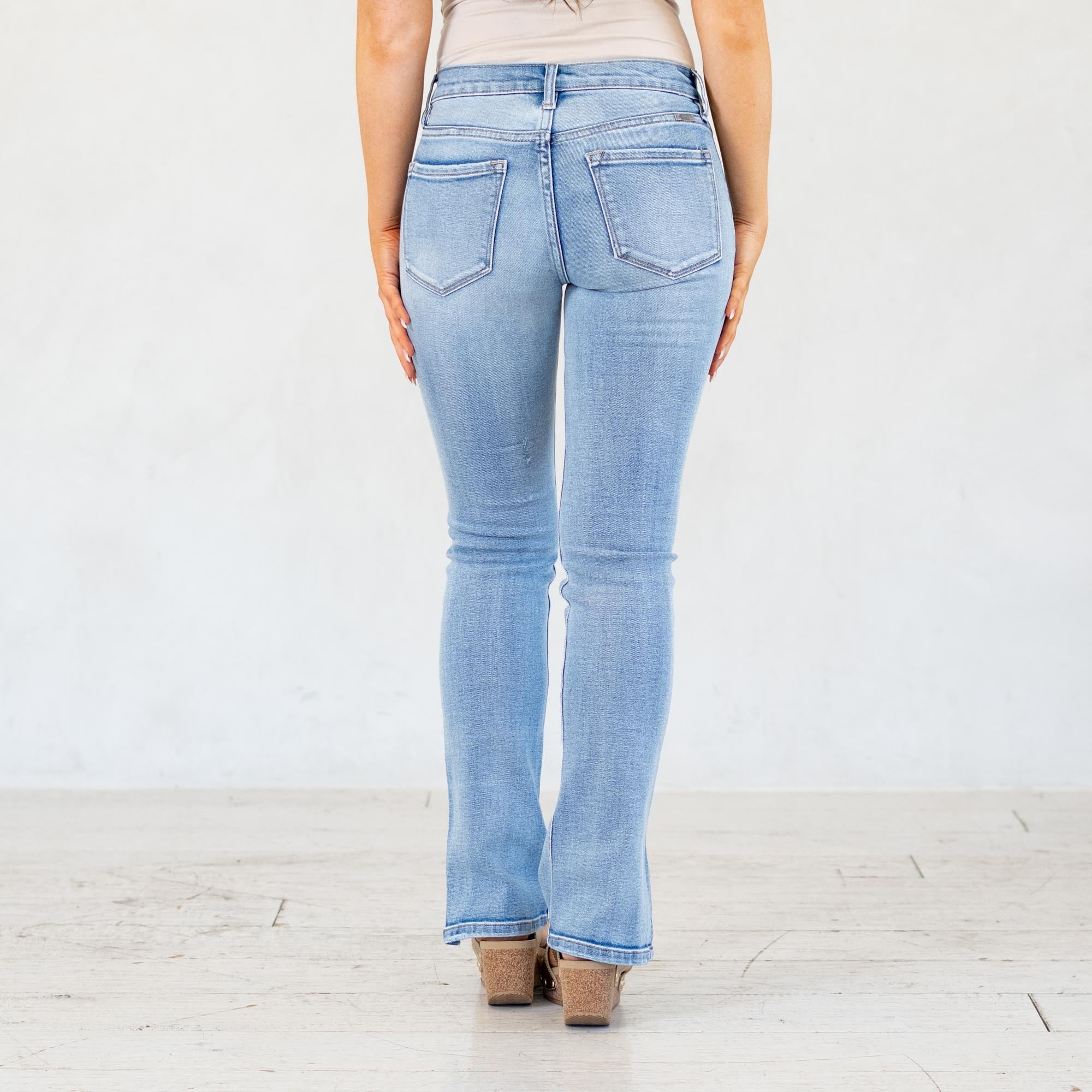 KanCan Petite Camila Y2K Mid Rise Boot Cut Jeans Medium Blue Wash