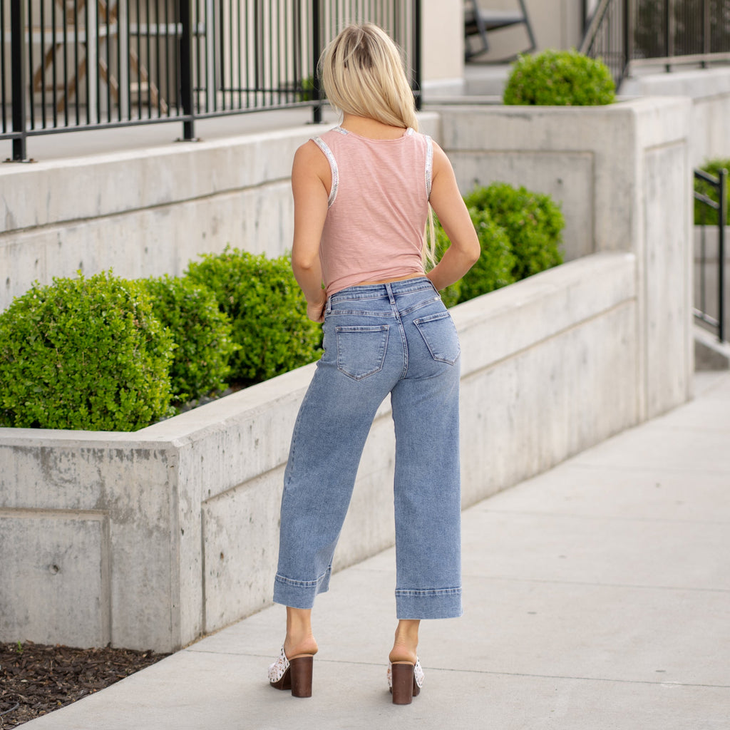 KanCan Nessa High Rise Crop Wide Leg Jeans Medium Blue Wash