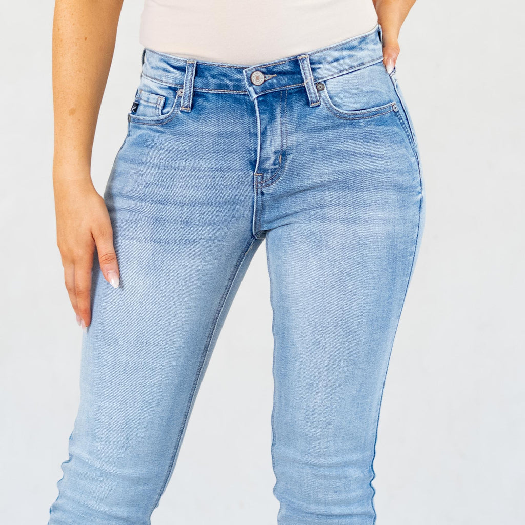 KanCan Petite Camila Y2K Mid Rise Boot Cut Jeans Medium Blue Wash