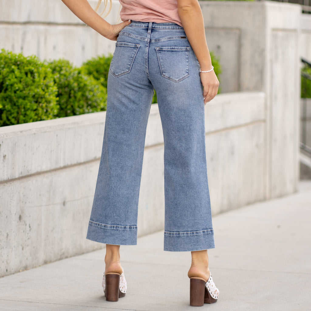 KanCan Nessa High Rise Crop Wide Leg Jeans Medium Blue Wash