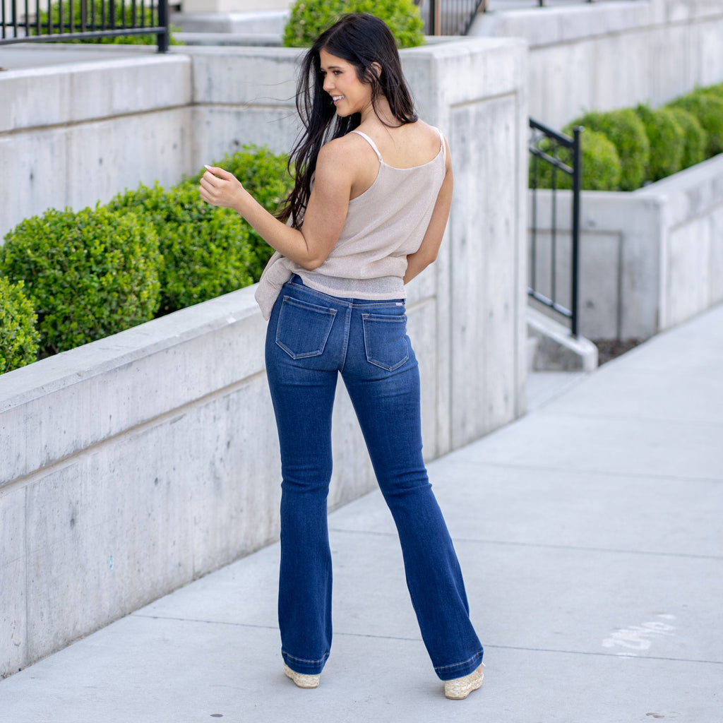 KanCan Isla High Rise Wide Hem Bootcut Dark Blue Wash