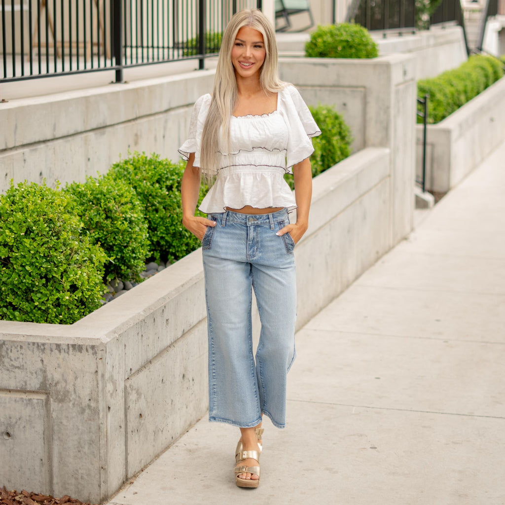 KanCan Lorinne High Rise Crop Wide Jeans – Color Block Stretch