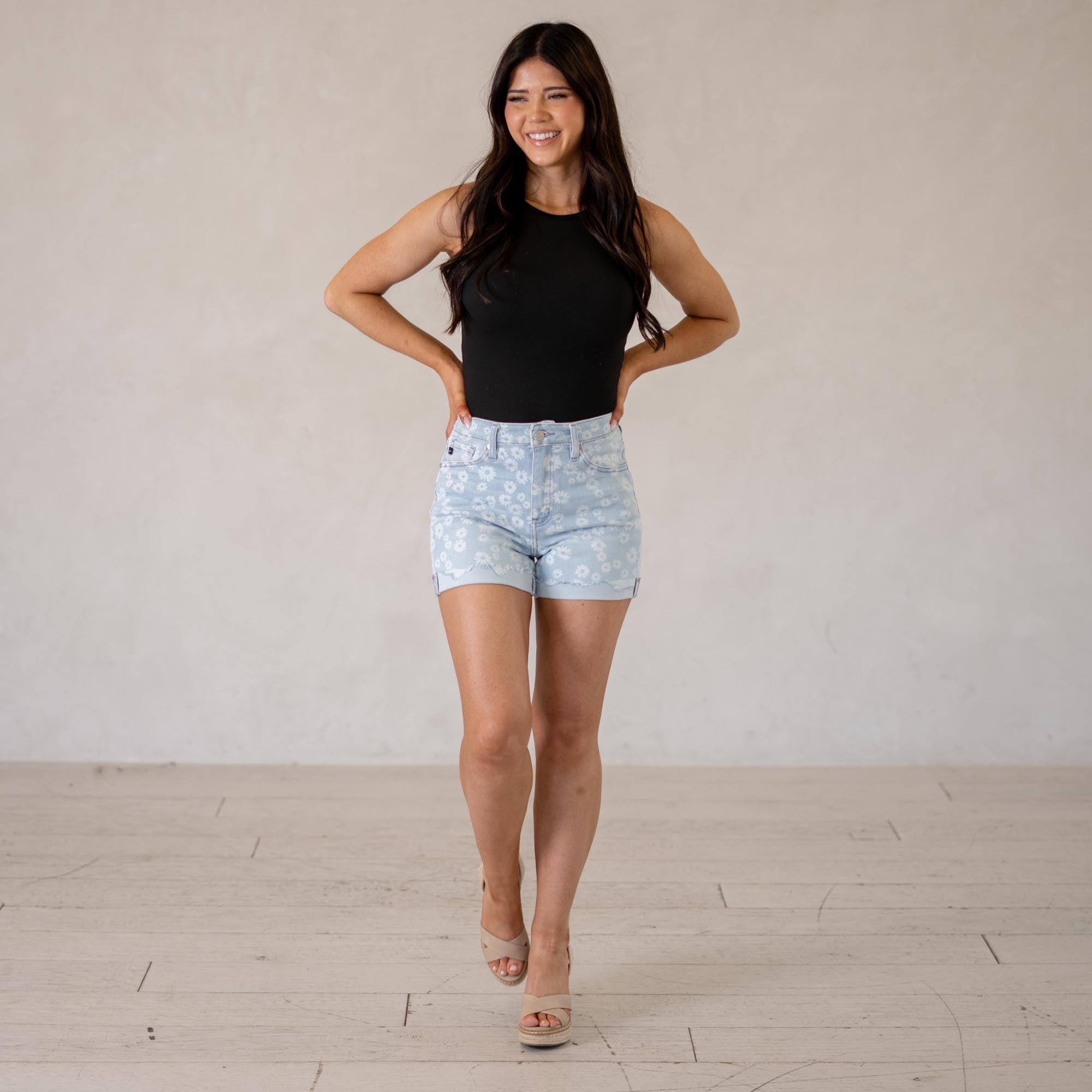 KanCan Lilly Floral High Rise Shorts Light Blue