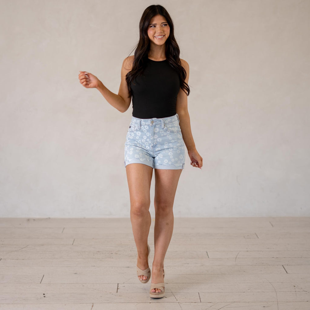 KanCan Lilly Floral High Rise Shorts Light Blue