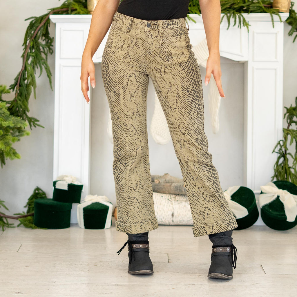 KanCan Renae Mid Rise Snakeskin Wide Leg Jeans Olive