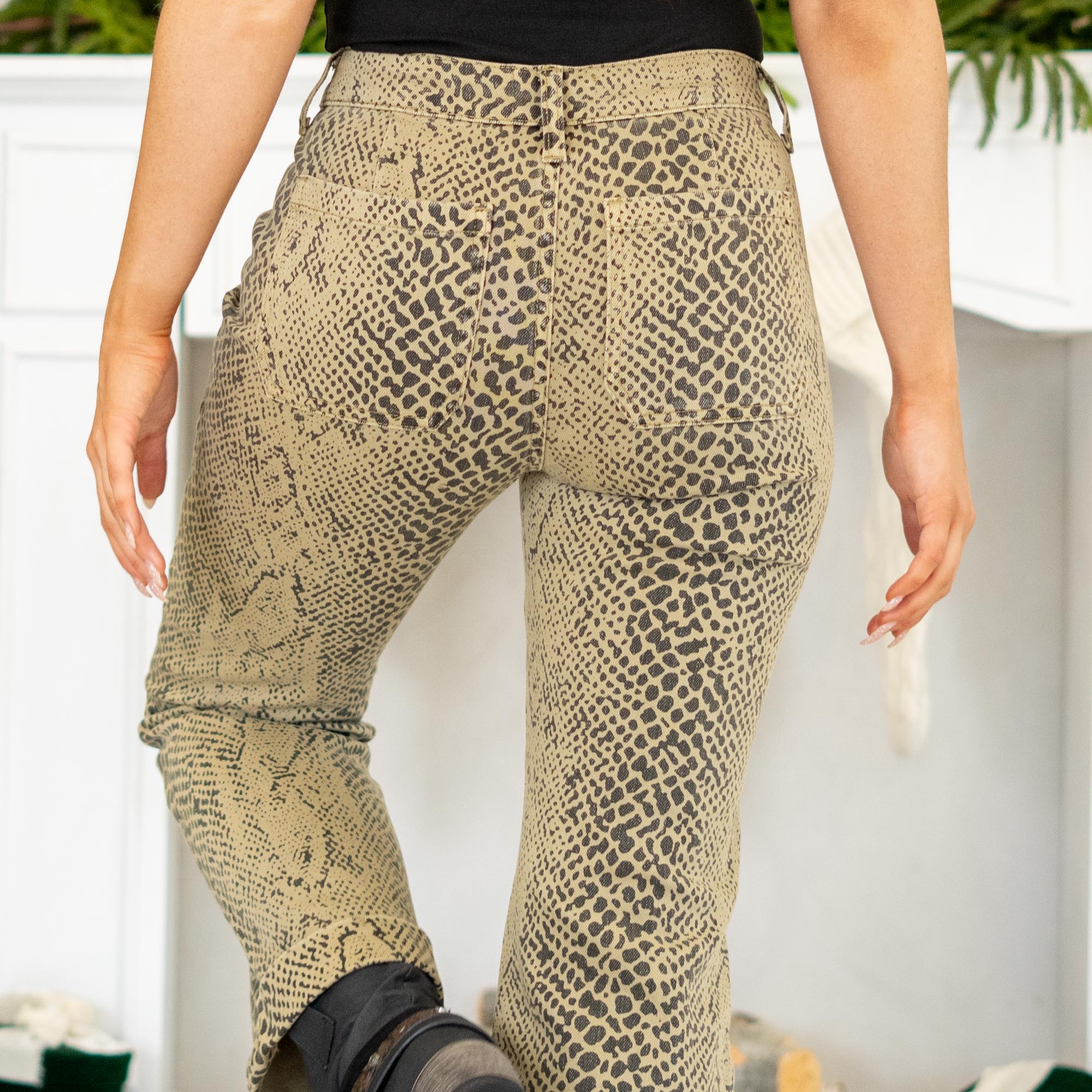 KanCan Renae Mid Rise Snakeskin Wide Leg Jeans Olive