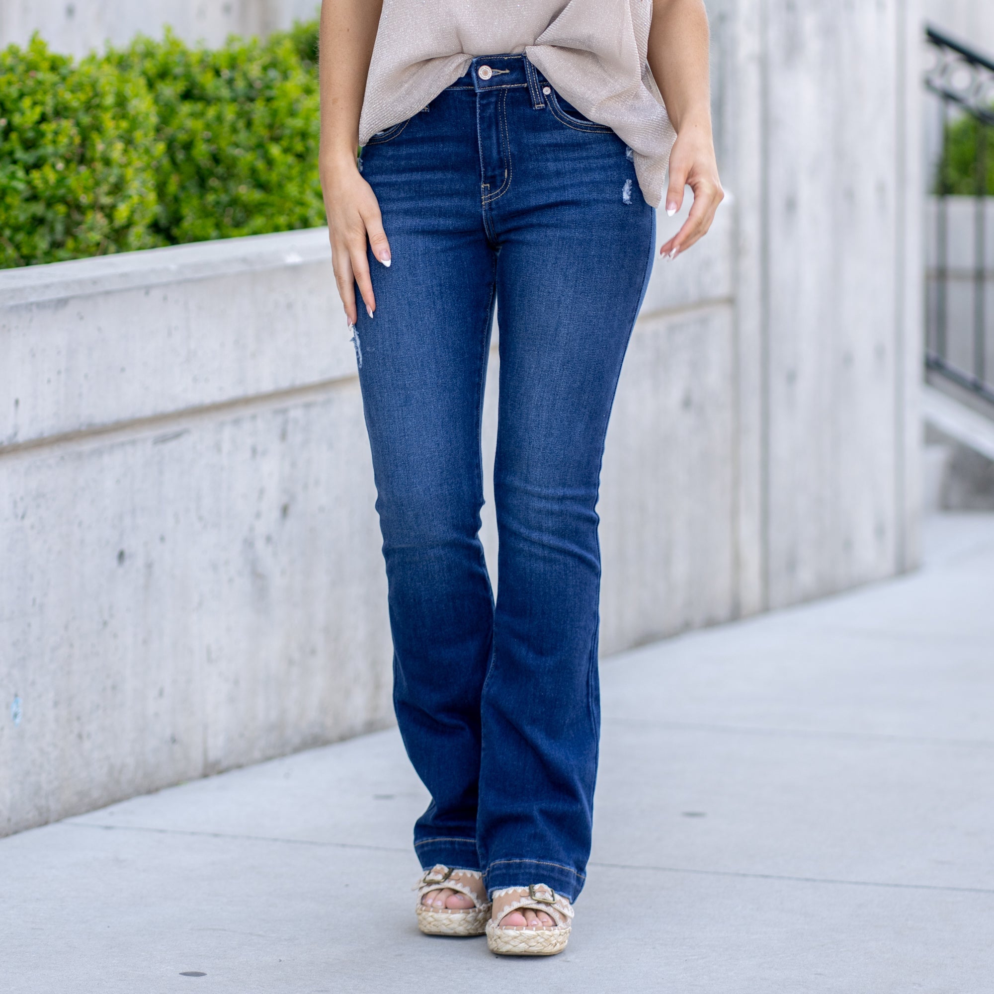 KanCan Isla High Rise Wide Hem Bootcut Dark Blue Wash