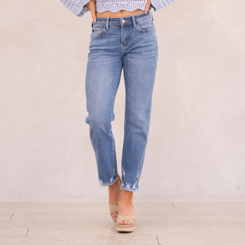 KanCan Ivorie Essentials Mid Rise Crop Straight Medium Blue