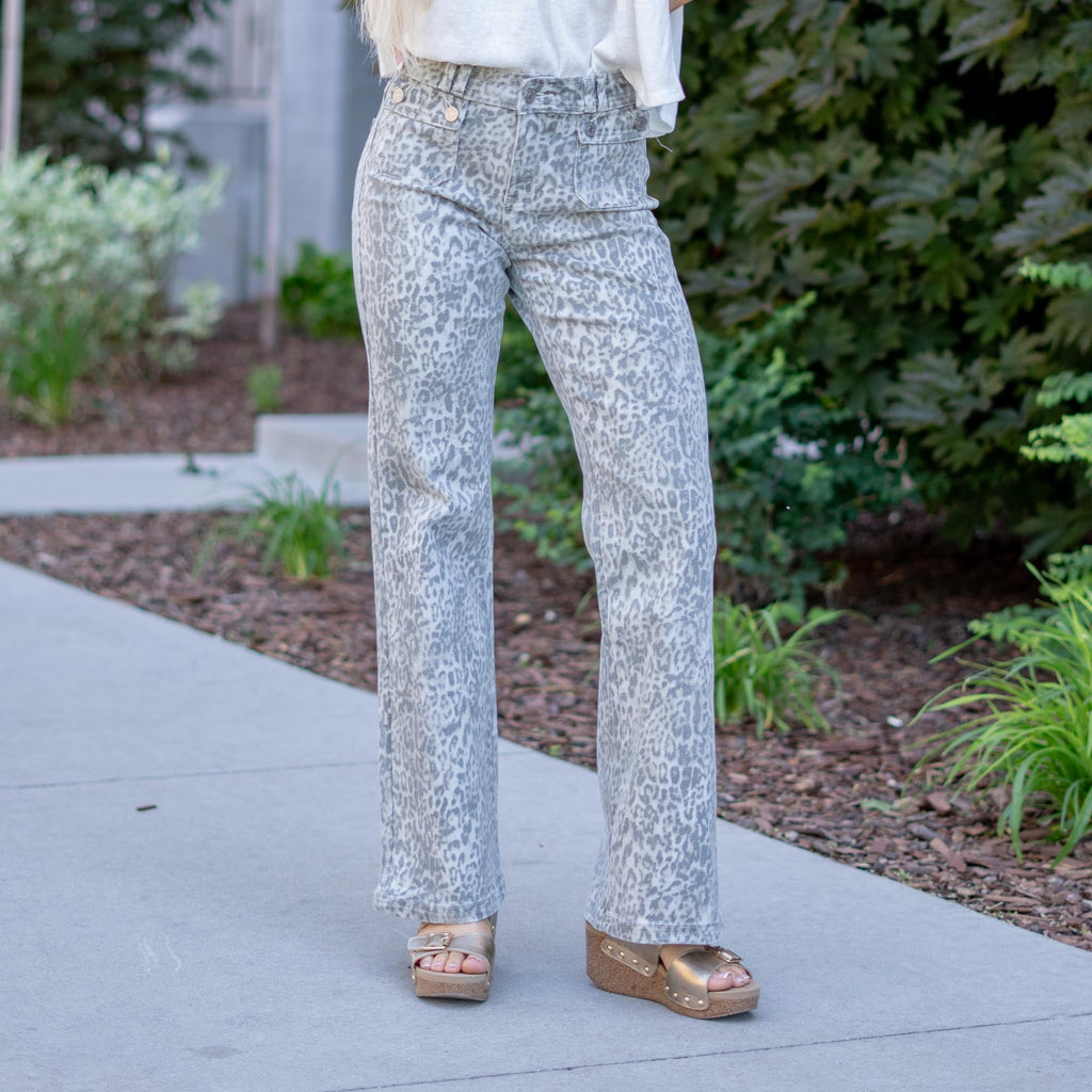 KanCan High Rise Wide Flare Jeans with Leopard Print