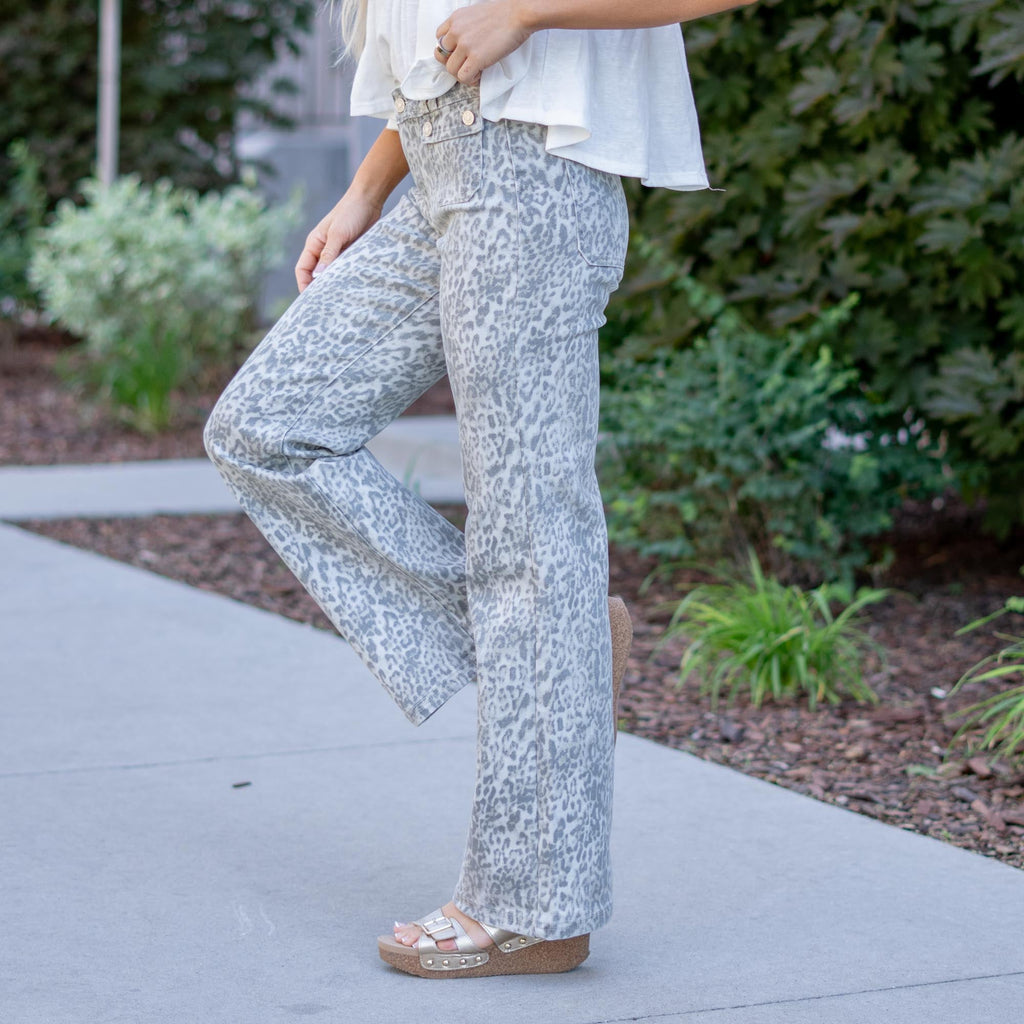 KanCan High Rise Wide Flare Jeans with Leopard Print