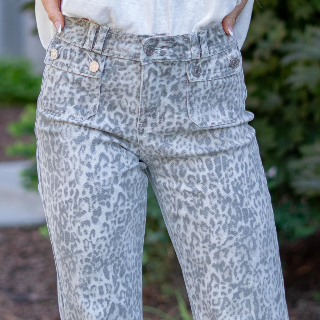 KanCan High Rise Wide Flare Jeans with Leopard Print