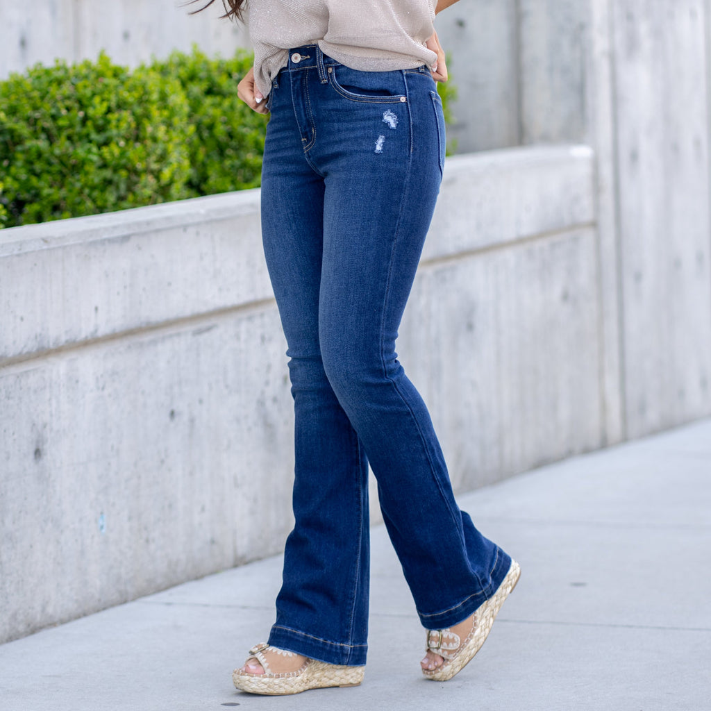 KanCan Isla High Rise Wide Hem Bootcut Dark Blue Wash