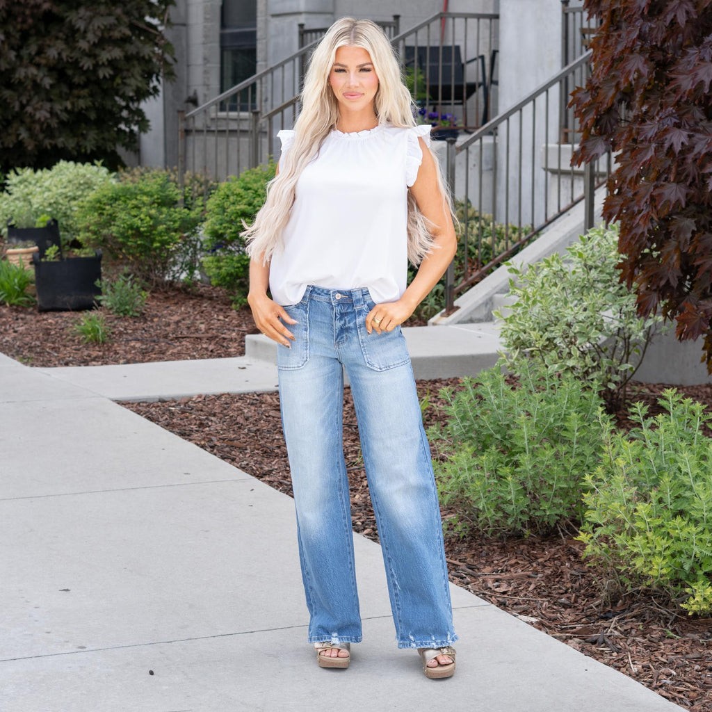 KanCan High Rise Wide Leg Jeans with Patch Pockets