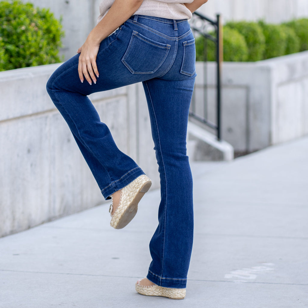 KanCan Isla High Rise Wide Hem Bootcut Dark Blue Wash