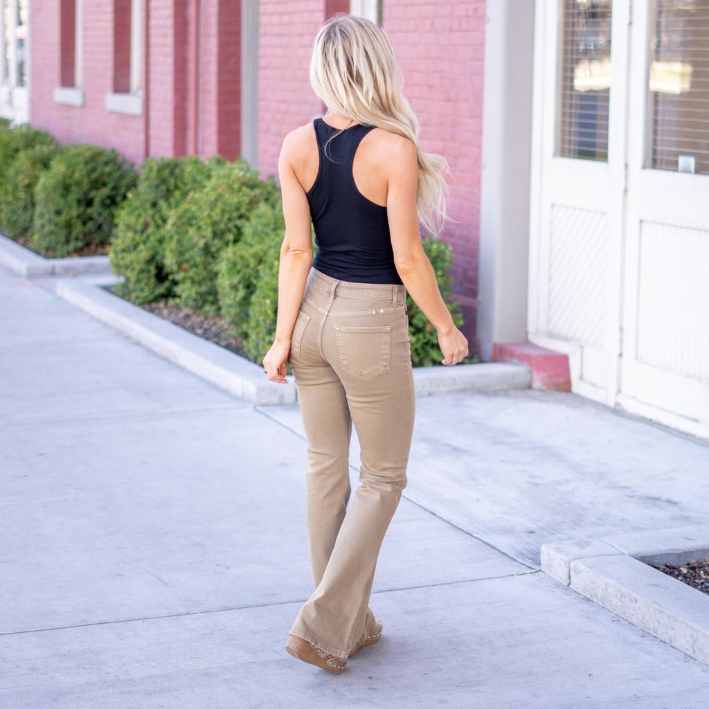 KanCan Olive High Rise Flare Jeans Tan