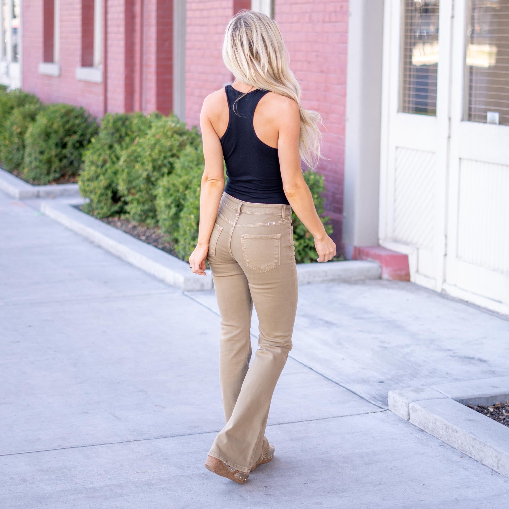 KanCan Olive High Rise Flare Jeans Tan