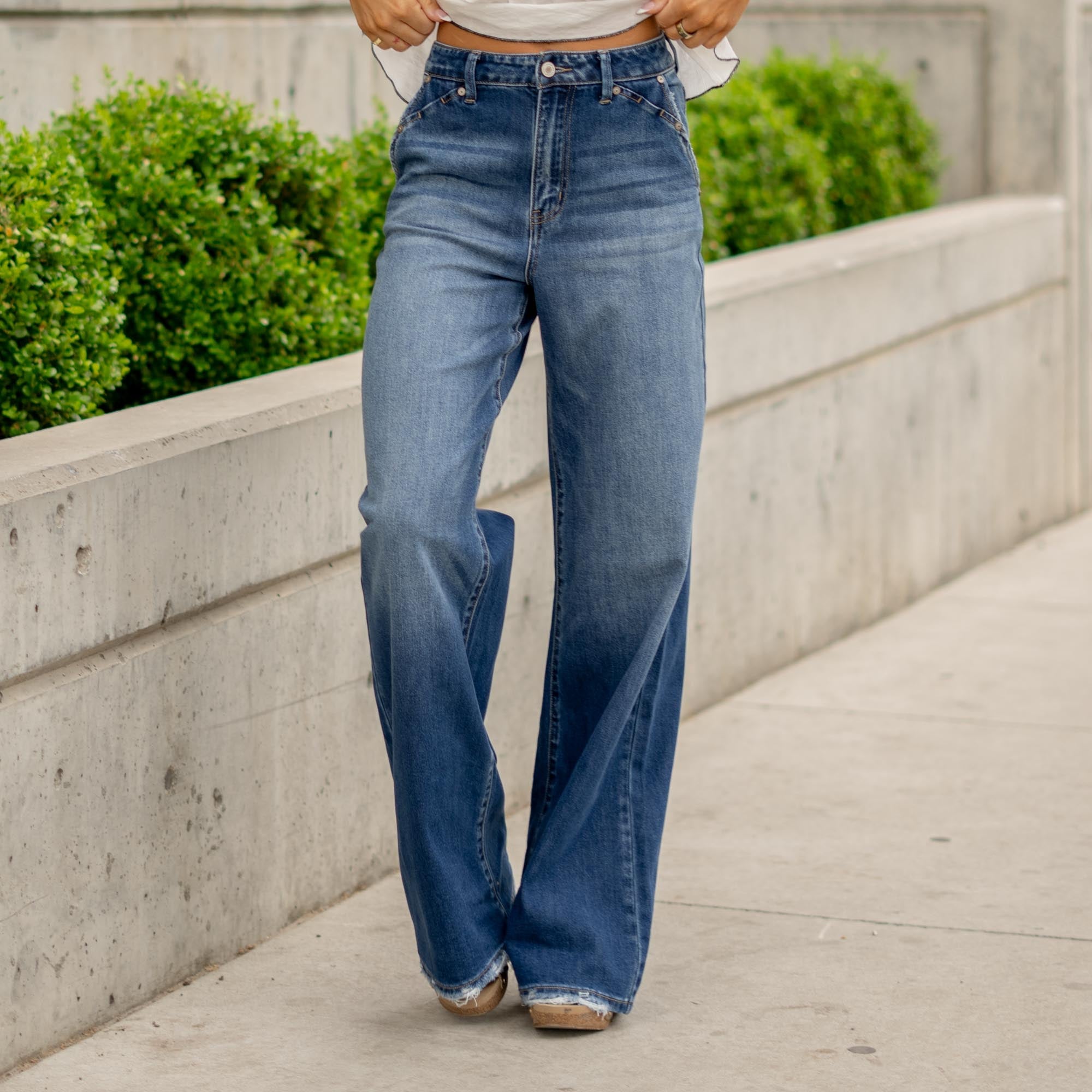 KanCan Ultra High Rise A-Line Trouser Wide Leg Jeans Dark Blue Wash