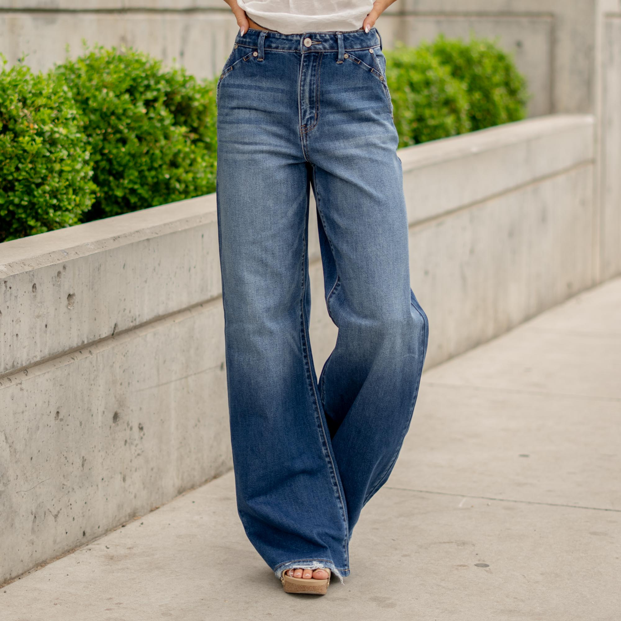 KanCan Ultra High Rise A-Line Trouser Wide Leg Jeans Dark Blue Wash