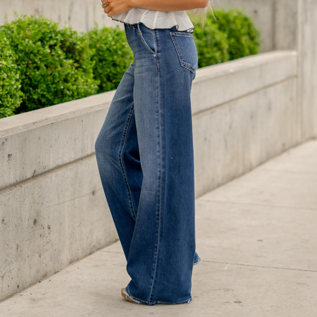 KanCan Ultra High Rise A-Line Trouser Wide Leg Jeans Dark Blue Wash