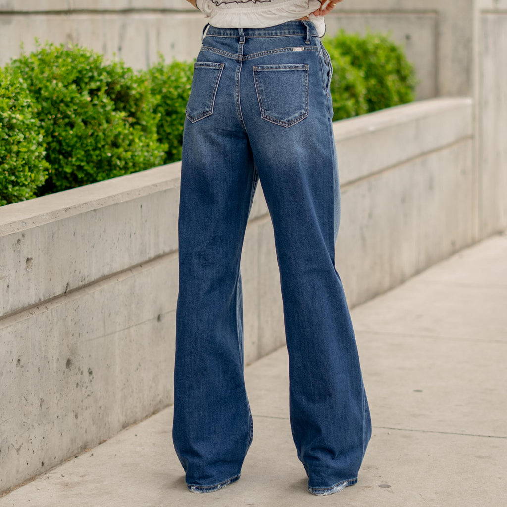KanCan Ultra High Rise A-Line Trouser Wide Leg Jeans Dark Blue Wash