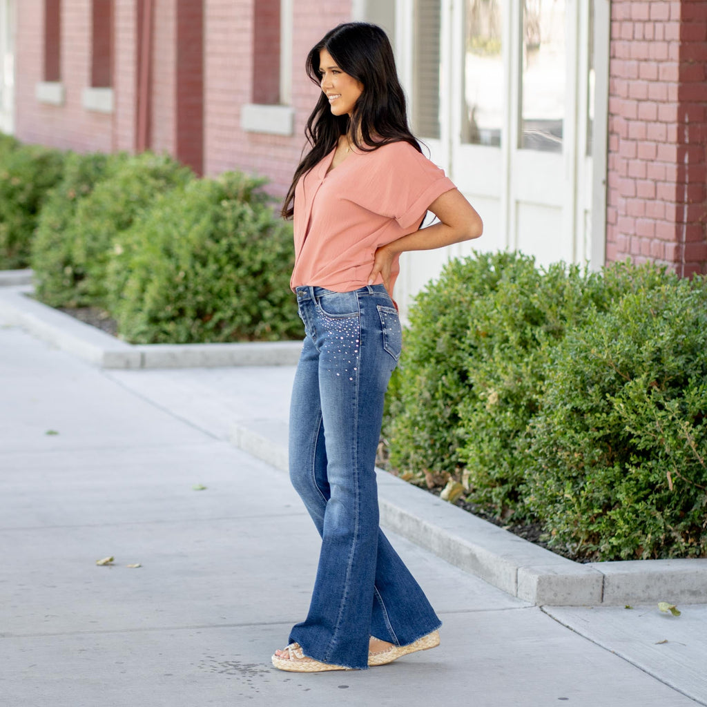 Shimmer Rhinestone Mid Rise Flare Stretch Jeans