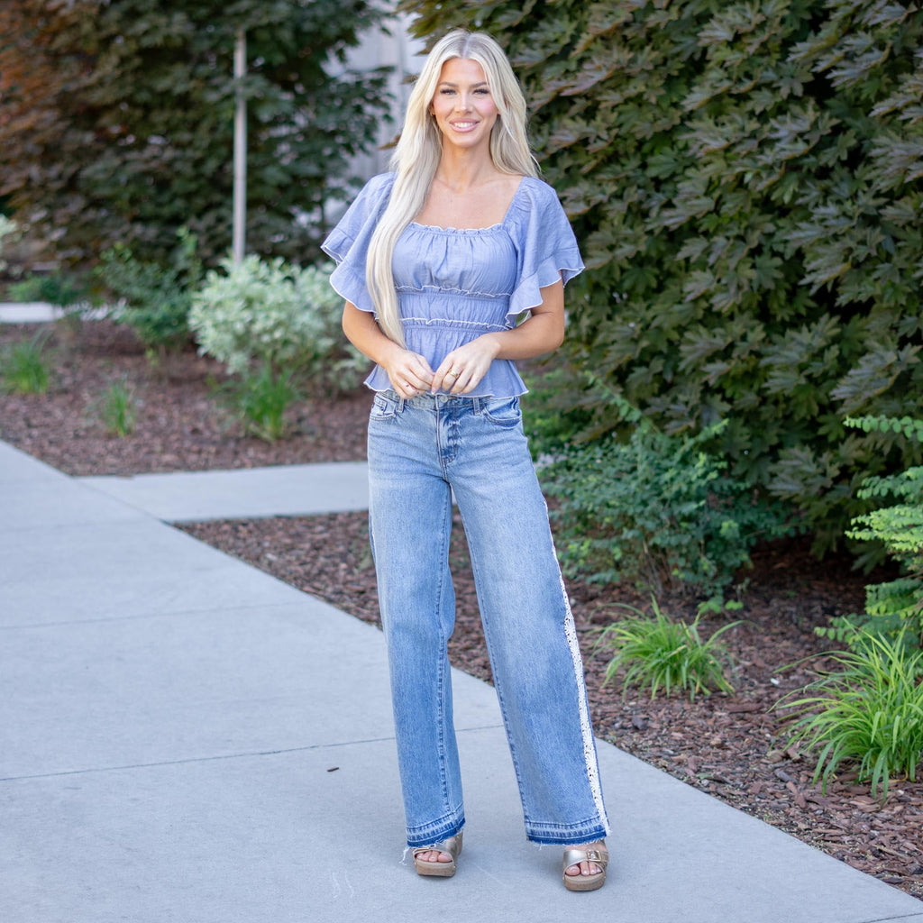 KanCan Carollyn High Rise Wide Leg – Lace Trim Stretch Denim Jeans