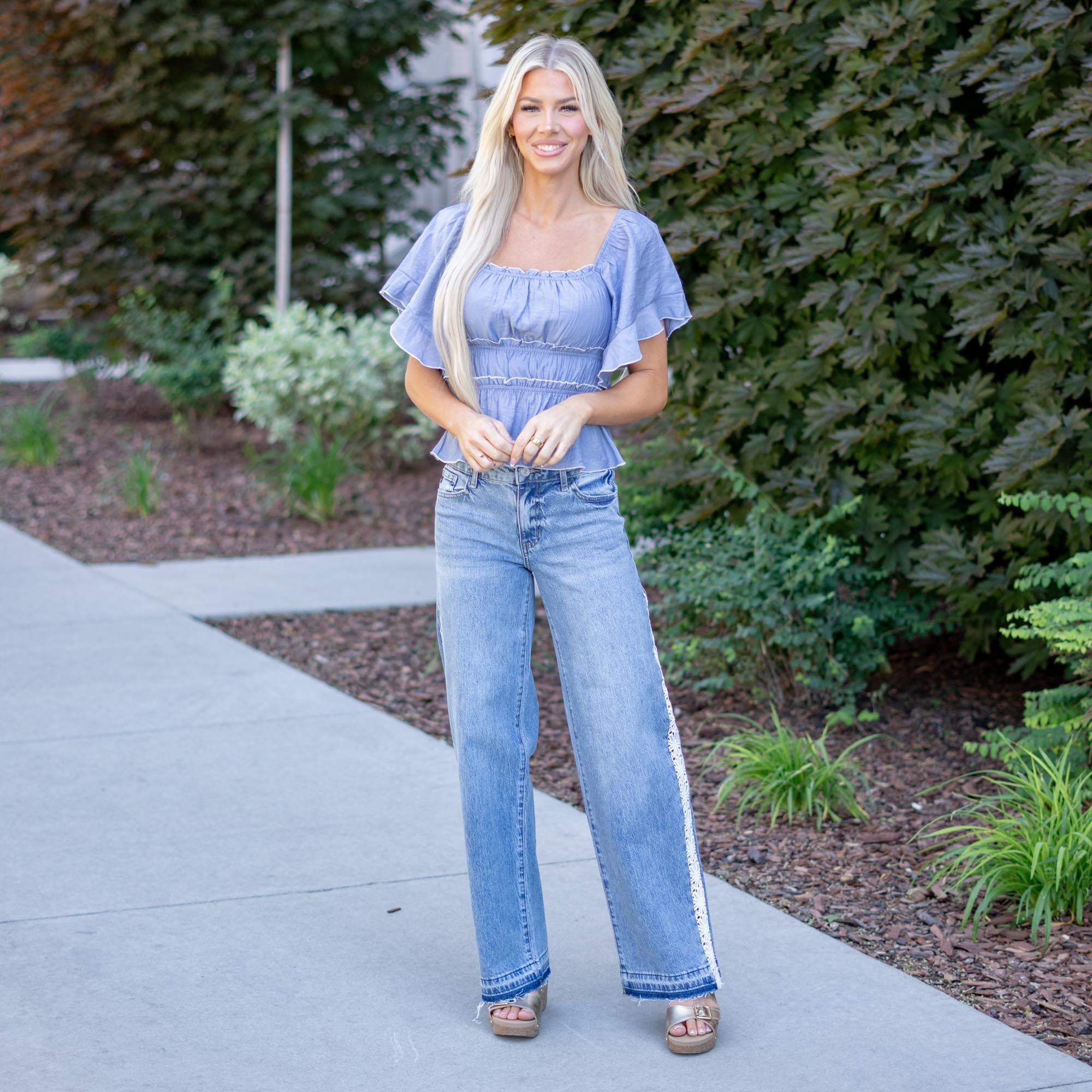 KanCan Carollyn High Rise Wide Leg – Lace Trim Stretch Denim Jeans