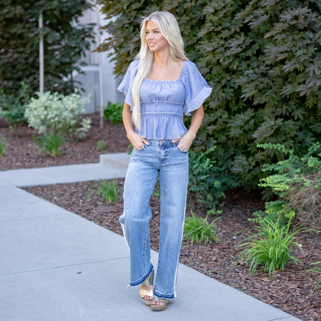 KanCan Carollyn High Rise Wide Leg – Lace Trim Stretch Denim Jeans