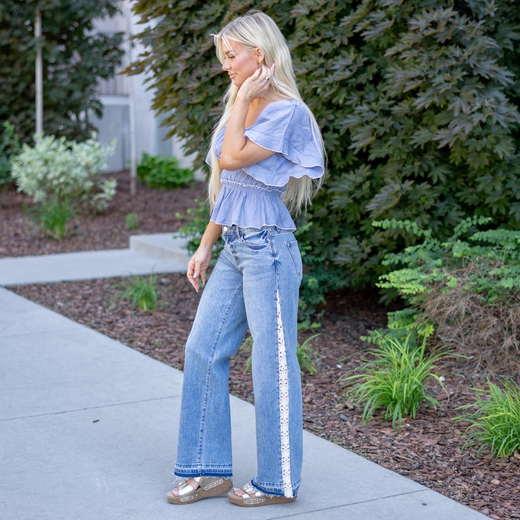KanCan Carollyn High Rise Wide Leg – Lace Trim Stretch Denim Jeans