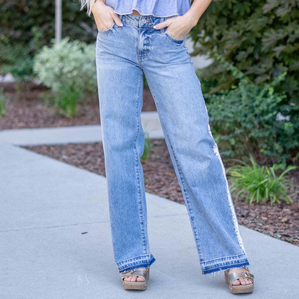 KanCan Carollyn High Rise Wide Leg – Lace Trim Stretch Denim Jeans