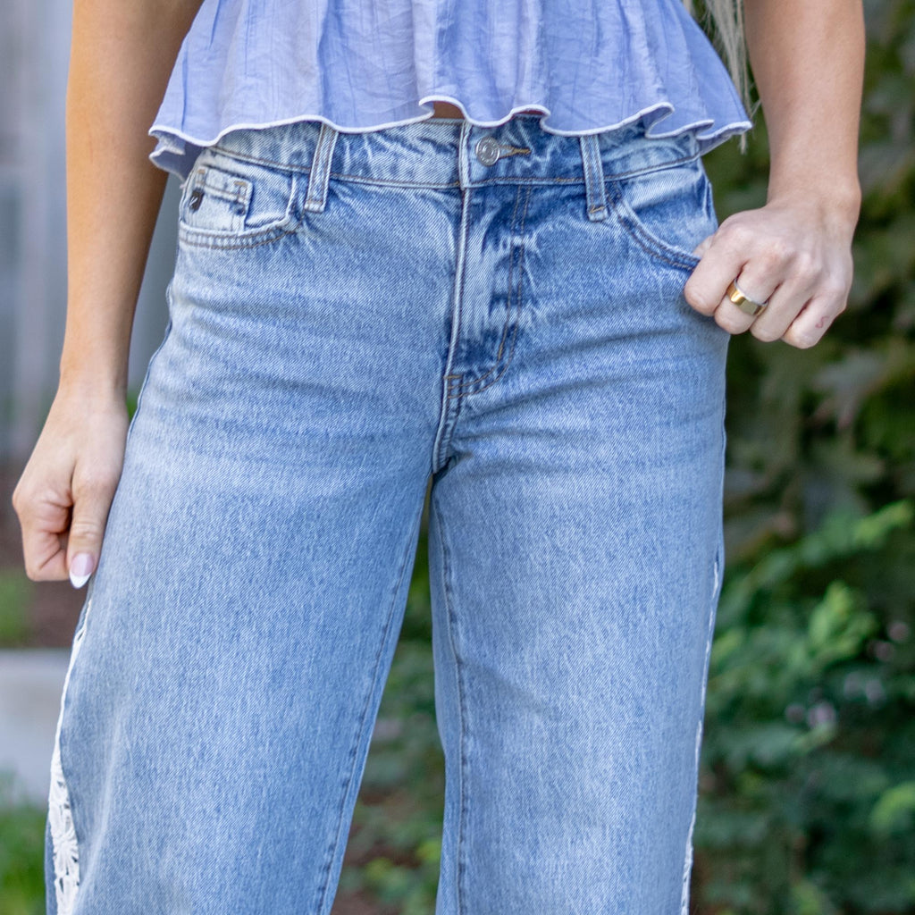 KanCan Carollyn High Rise Wide Leg – Lace Trim Stretch Denim Jeans