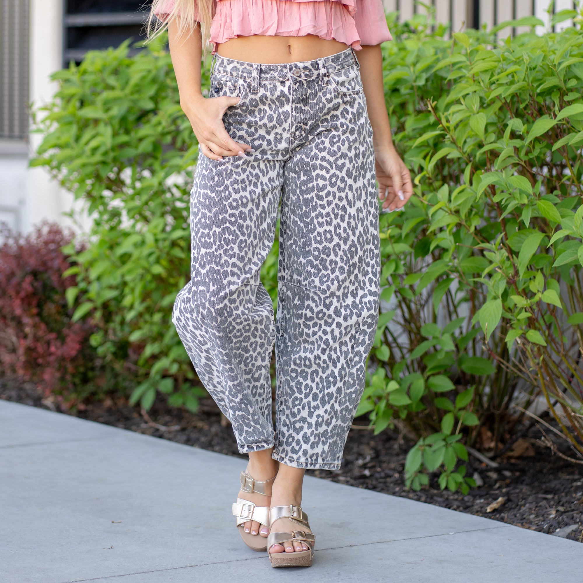 KanCan Leopard Print High Barrel Fit Jeans