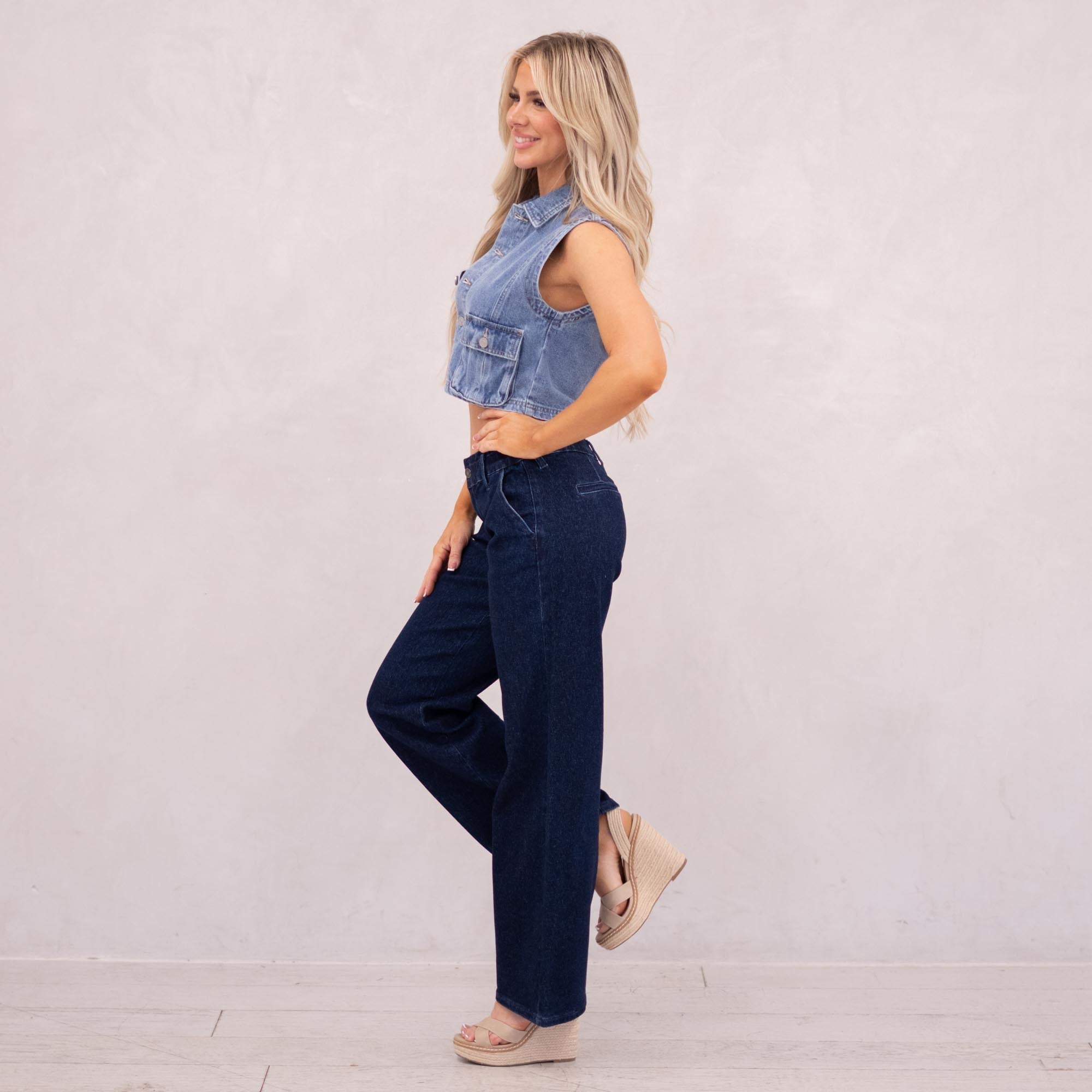 KanCan Kayla High Rise Trouser Wide Leg Dark Blue Wash