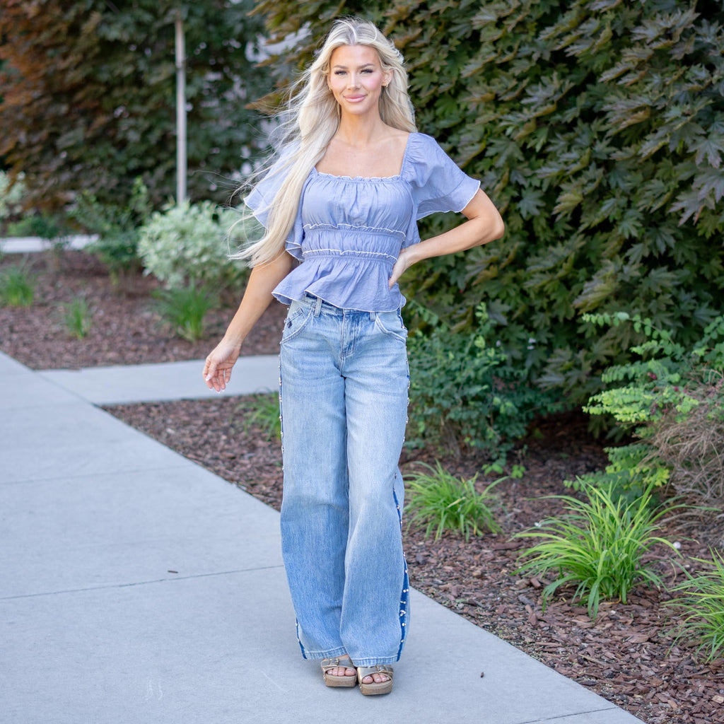 KanCan Gianna Low Slung Baggy Wide Jeans – Rhinestone Stretch Denim