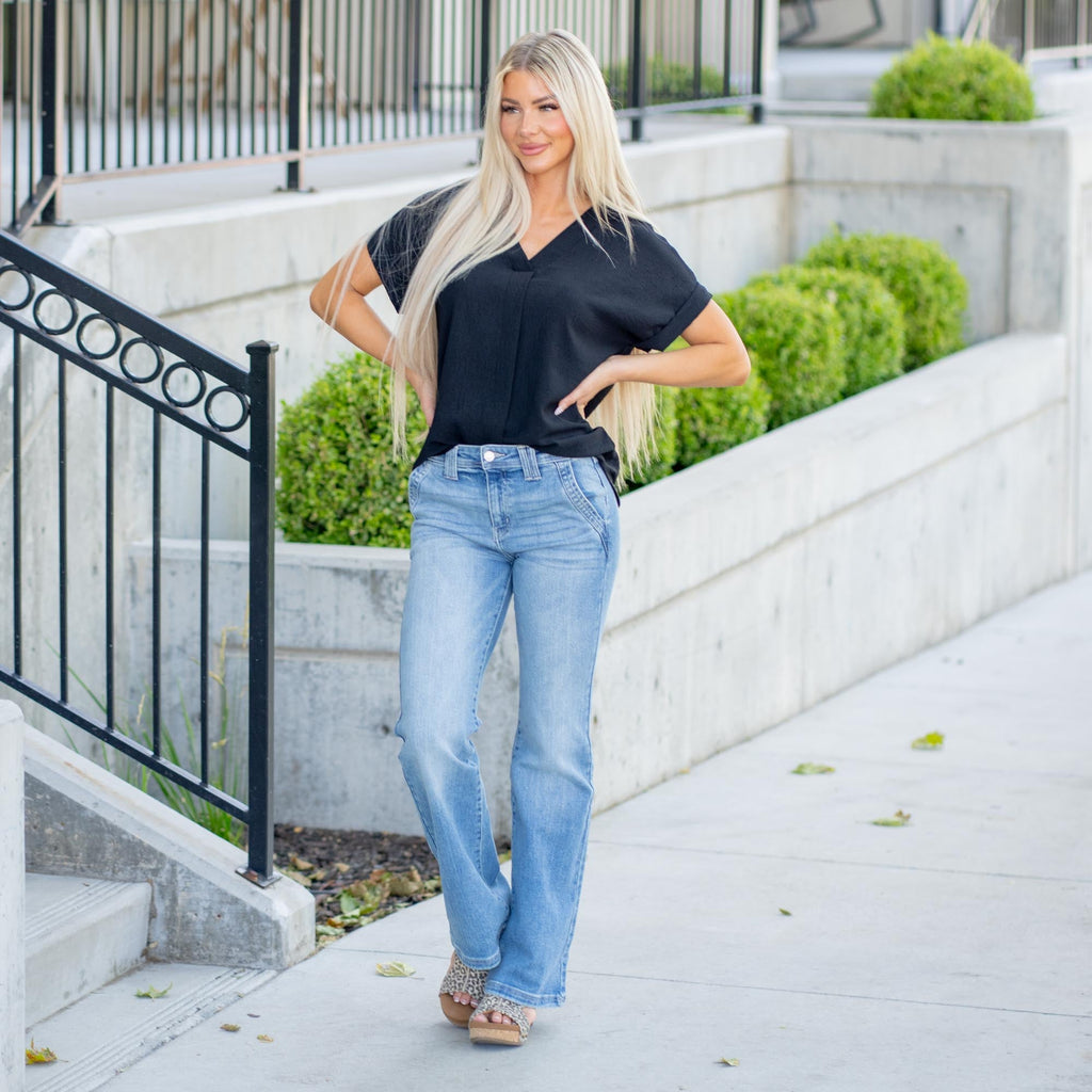 KanCan Mace High Rise Wide Flare Jeans – Classic Denim with Front Slant Pockets & Double Belt Loops