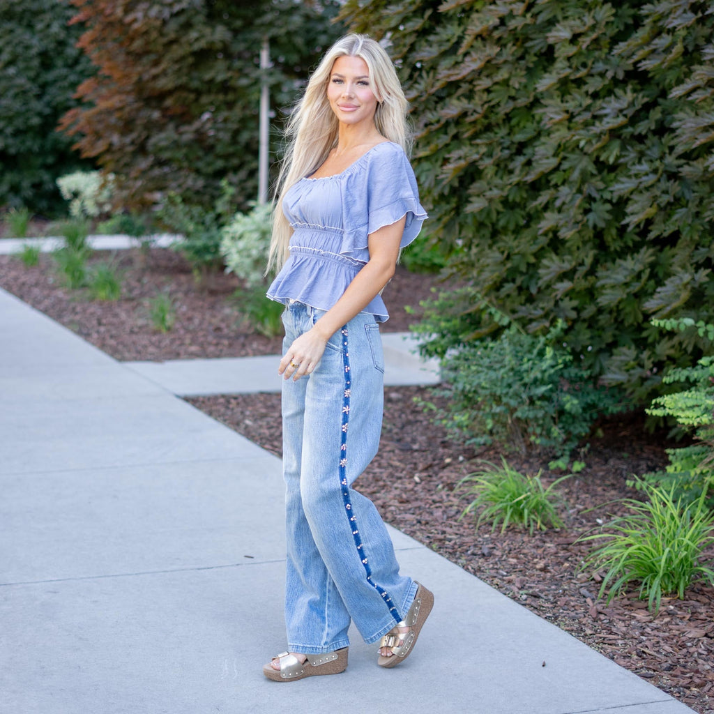 KanCan Gianna Low Slung Baggy Wide Jeans – Rhinestone Stretch Denim
