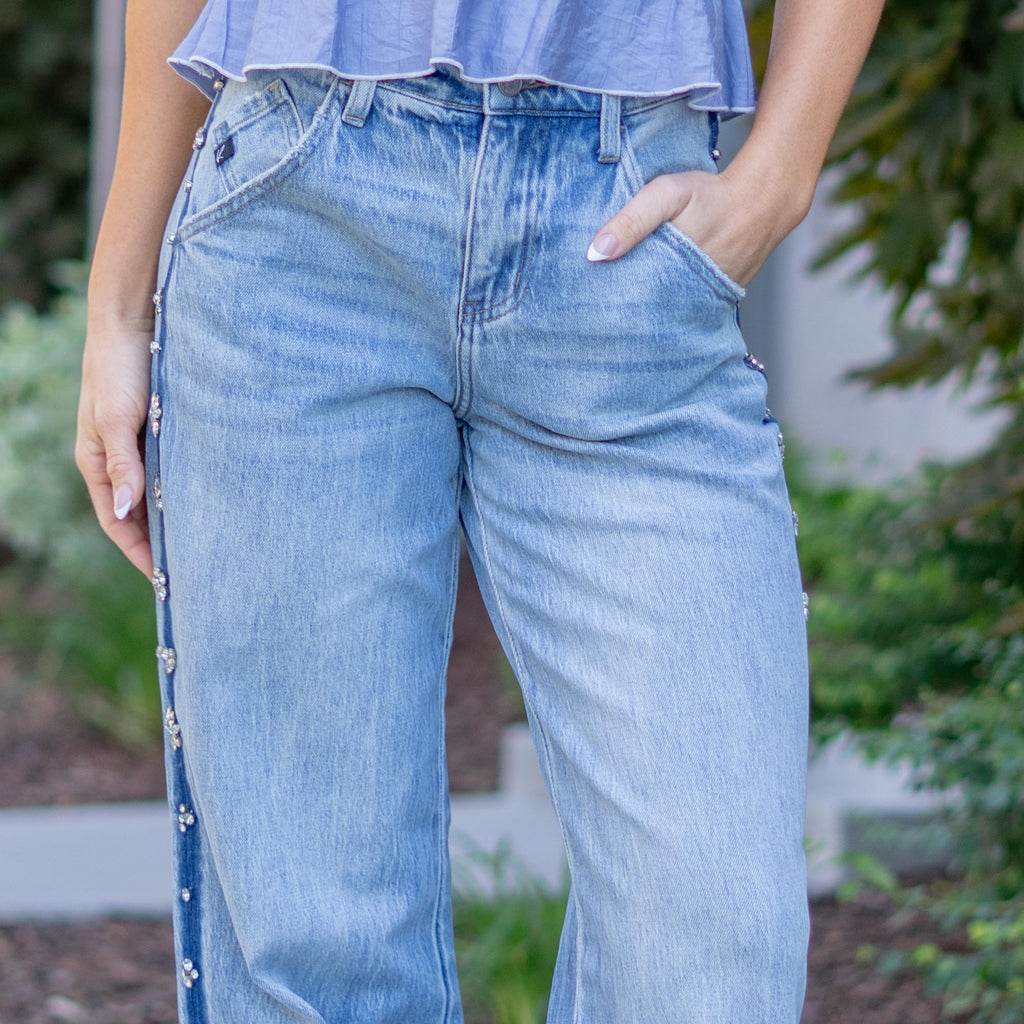 KanCan Gianna Low Slung Baggy Wide Jeans – Rhinestone Stretch Denim