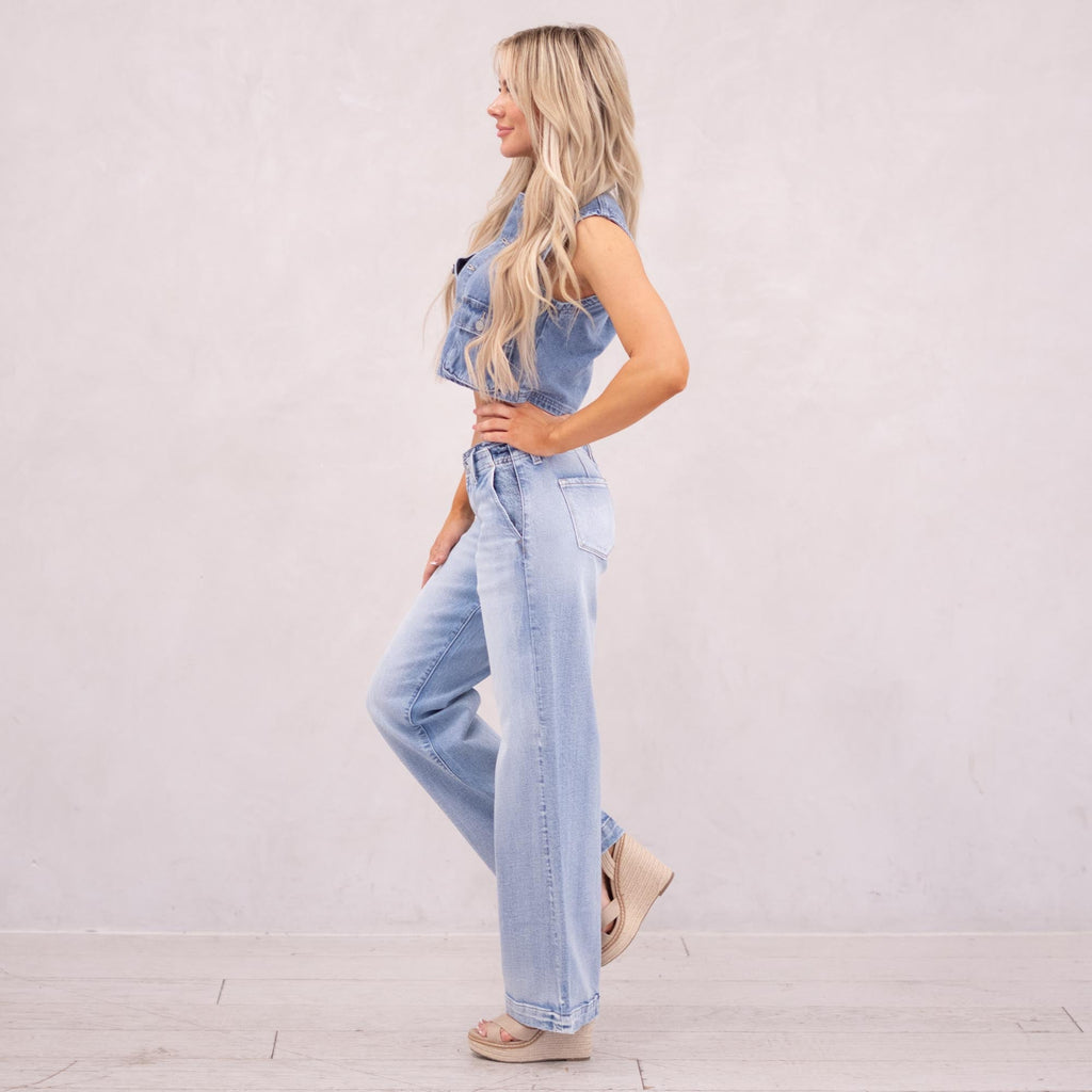 KanCan Lulu Mid Rise Wide Trousers Light Blue Wash