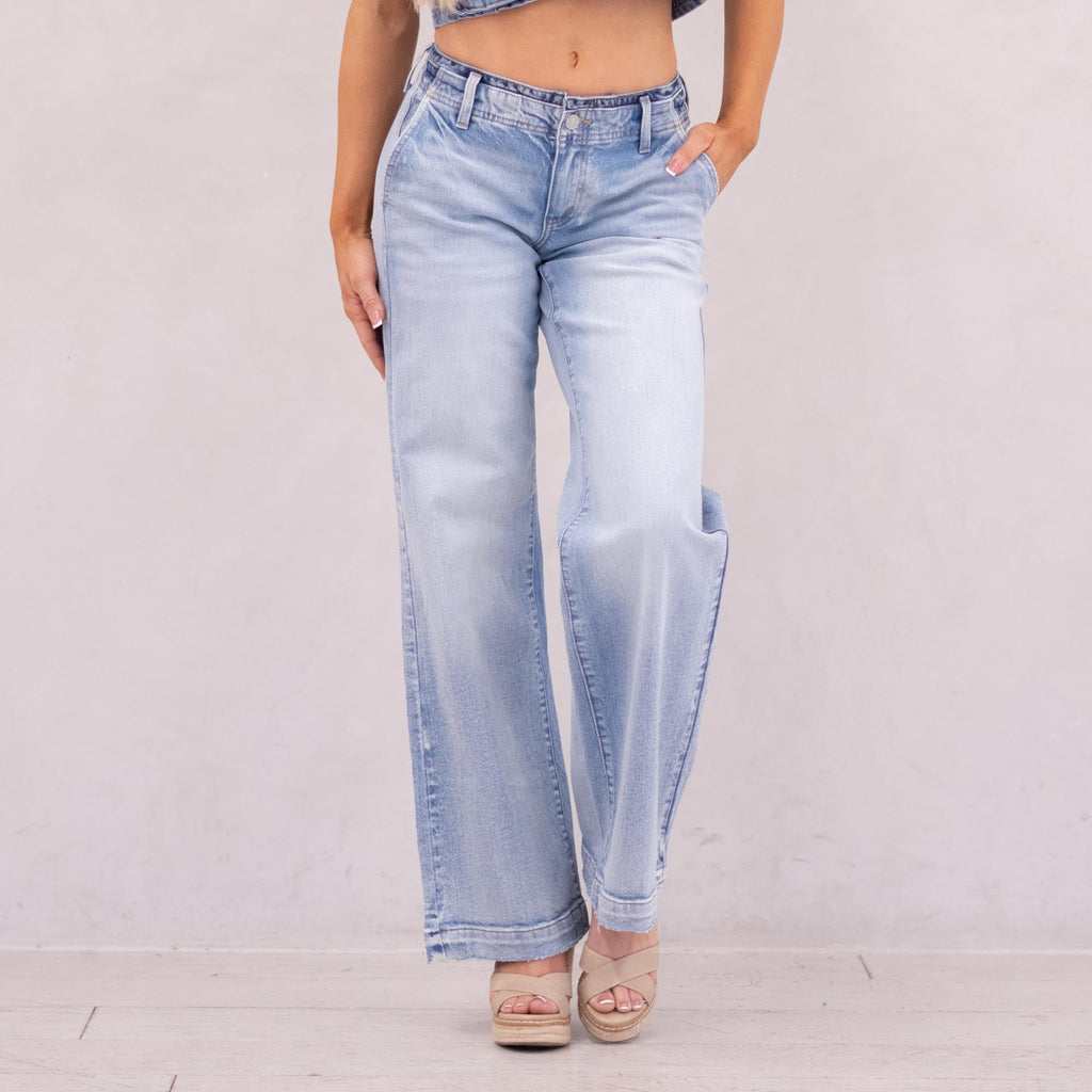 KanCan Lulu Mid Rise Wide Trousers Light Blue Wash