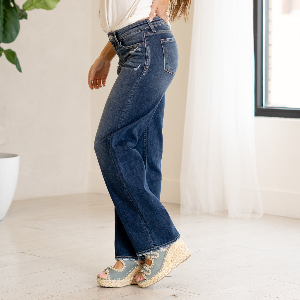 KanCan Gemma Mid Rise Wide Leg Dark Blue Wash