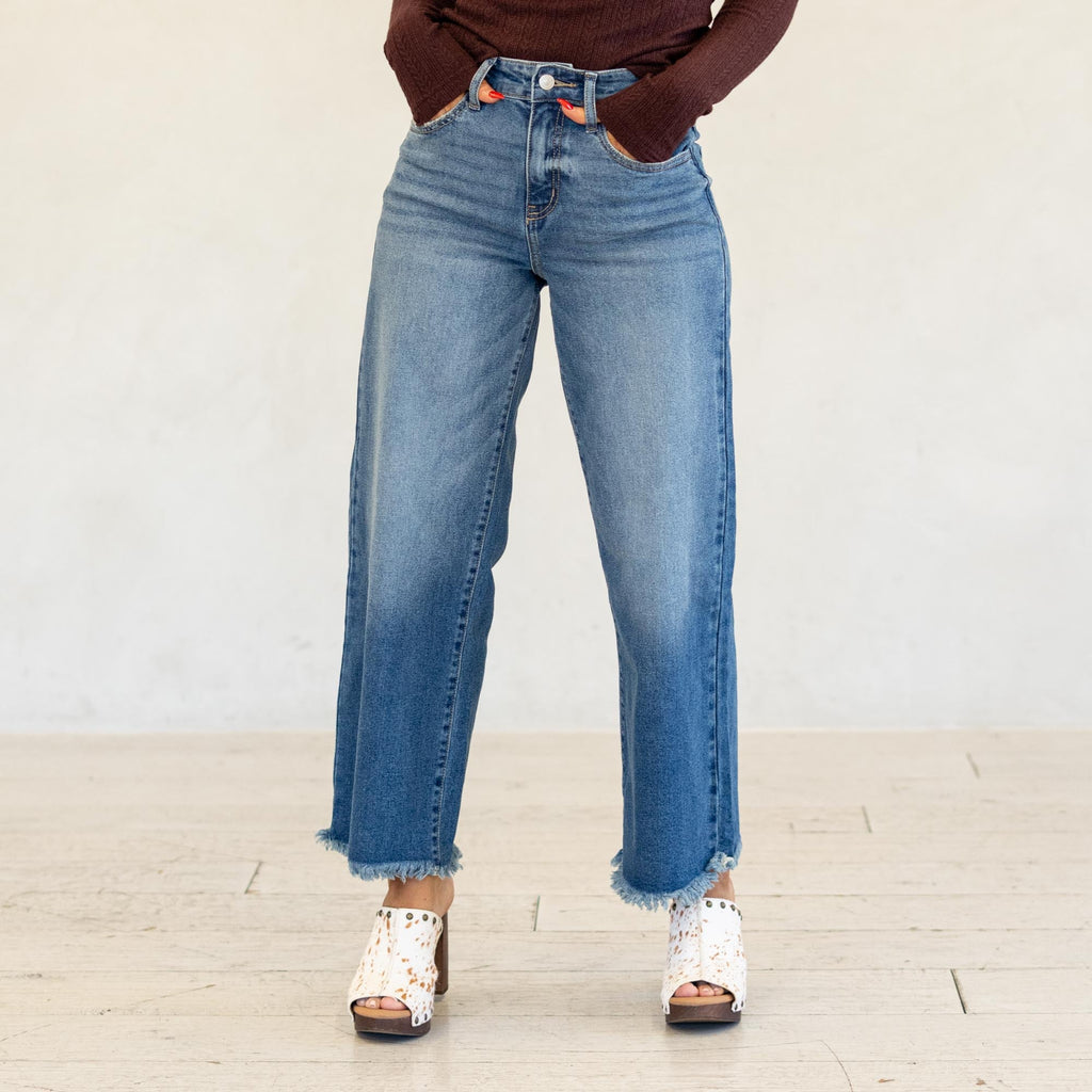 KanCan Aruli Essentials High Rise Cropped Wide Leg Jeans Medium Blue Wash