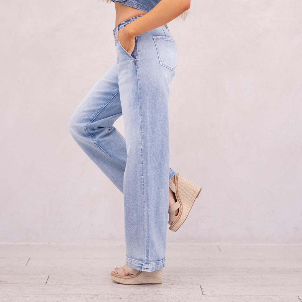 KanCan Lulu Mid Rise Wide Trousers Light Blue Wash