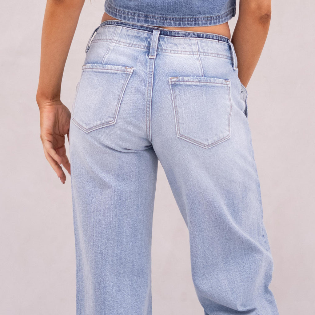 KanCan Lulu Mid Rise Wide Trousers Light Blue Wash